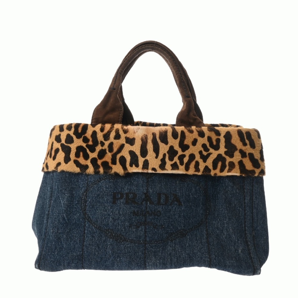 PRADA Canapa Tote Bag, Leopard Print, Navy, Women's, Calf Hair & Denim B Rank... - Picture 2 of 11